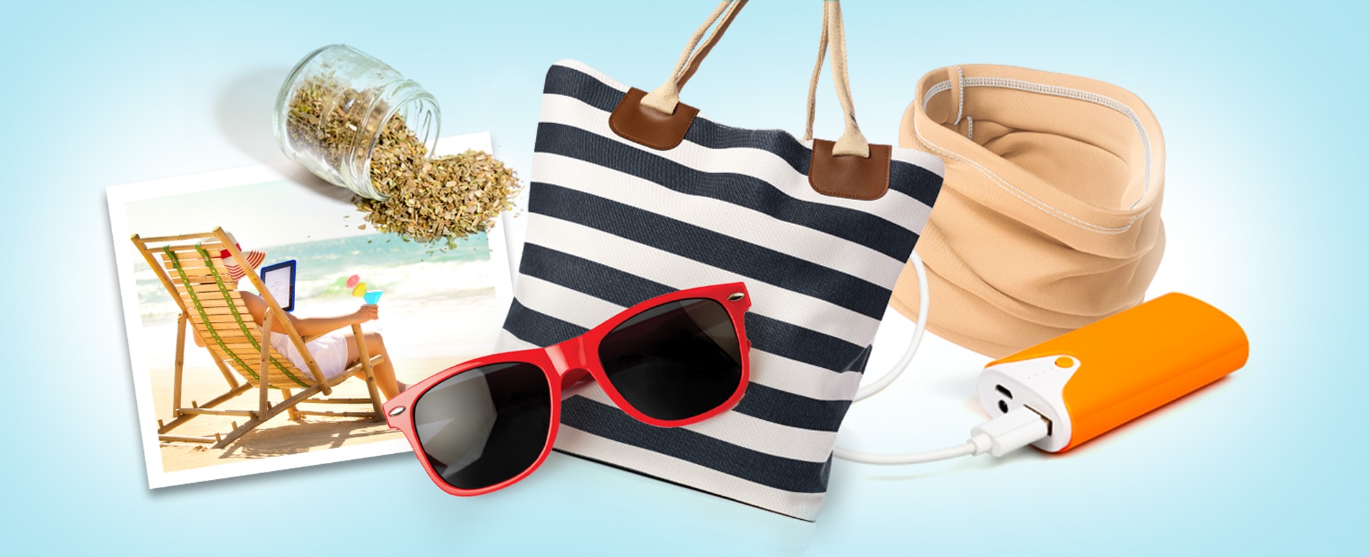 Six gift items on a light blue background: a snapshot of a woman with a beach hat lounging in a wooden beach chair on the shore while reading a tablet and drinky a fruity cocktail, spices in a jar, red sunglasses, navy stripped bag, tan neckwear, and an orage portable charger.