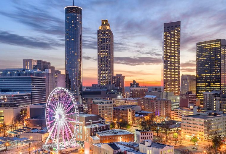 The city of Atlanta, Georgia, lit up at night.