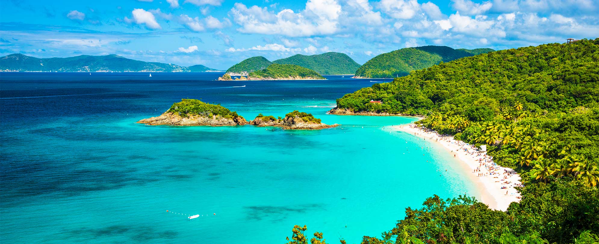 An aerial view of the St. John island and beach located in the U.S. Virgin Islands