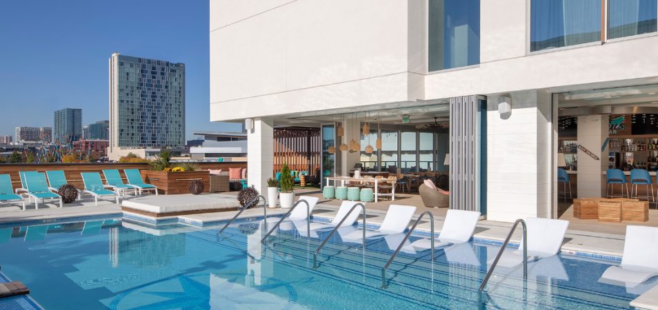 The rooftop pool area at Margaritaville Vacation Club by Wyndham – Nashville, TN resort. 